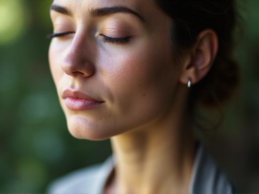 A close-up of a person meditating with closed eyes.