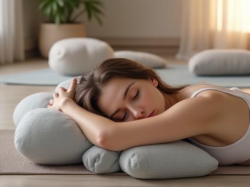 A person resting peacefully over a yoga bolster.