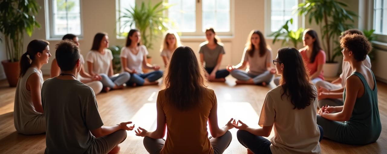 A group of people sitting in a circle during a community wellness event, looking serene.