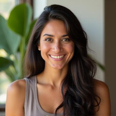 Headshot of Anya Patel, a yoga instructor, smiling warmly in a natural setting.